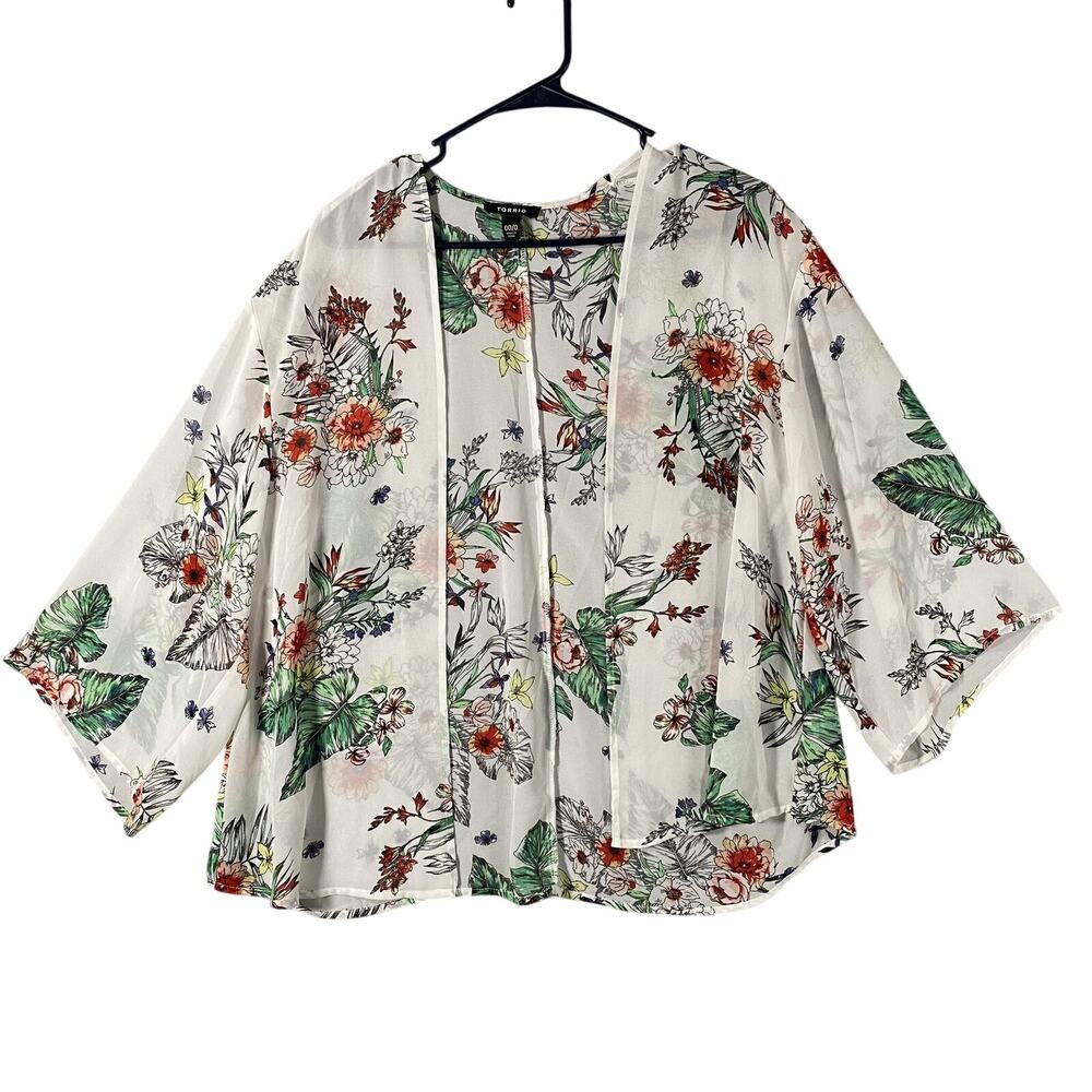 Torrid White Floral Kimono Chiffon Open Front Coverup Shirt Womans Size M/L